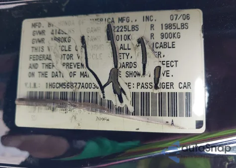 2007 Honda Accord 2.4 Ex z USA, uszkodzony, nr VIN 1HGCM56877A003043